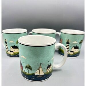 Vtg 1998 Set of 4 Warren Kimble Coastal Breeze Mugs Sakura Lighthouse‎ Sailboat